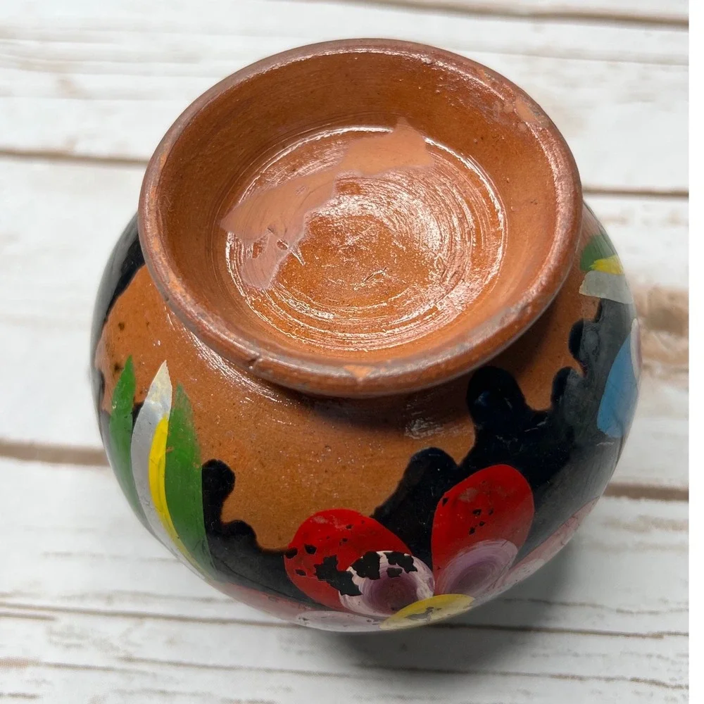 Handmade Mexican Pottery Mug Black Floral Hand Painted Red Ware Folk Art 4.5in